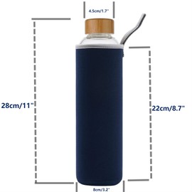 sunkey 32 oz Glass Water Bottle with Time Marker Bamboo Lid Neoprene Sleeve for to Go Travel Gym Home Reusable Eco Friendly Bpa Free (Navy Blue)