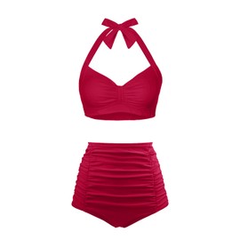 Holipick - Traje de baño de dos piezas para mujer, traje de baño de cintura alta, control de abdomen, traje de baño clásico halter, rojo, (Red Crimson), Large