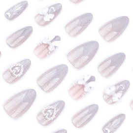 Press on Almond Nails Short Length Glossy Full Cover Acrylic Almond Shaped False Nails with Designs Artificial Almond Fake Nails with Charms Glue Stick on Fingernails for Women Girls(JP3557)