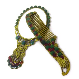 yueton Espejo de maquillaje ovalado de estilo ruso de 12,7 cm, estilo vintage, espejo de mano para mesa de vestir, decoración de mesa, cola de pavo real, bronce antiguo