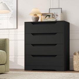 HOSTACK Black Dresser, 4 Drawers Dresser, Modern Chest of Drawers with Cut-Out Handles, Small Dressers with Drawer, Wood Makeup Chest Organizer for Living Room, Entryway, Home Office, Black