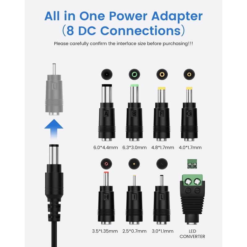 AKINGUAR 12V 2A Power Supply Adapter with 8 DC Connectors,