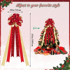 Hagusahuo Christmas Tree Topper Bow, 55x13inches Gold and Red Velvet Bows for Christmas Tree Decoration, Large Snowflake Christmas Bow with Long Ribbon, Outdoor Farmhouse Xmas Ornaments