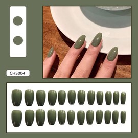 Rilafuvu Press on Nails Medium,Ballet Fake Nails Solid Color Full Cover False Nails with Designs Olive Green Glossy Glue on Nails Artificial Acrylic Stick on Nails for Women Girls 24 Pcs