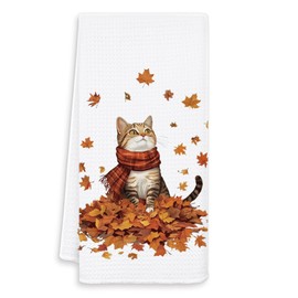 OSLYSOF Fall Cat Kitchen Towels, Gifts for Cats Lovers Women Dish Tea Towel for Kitchen Decor, Trendy Cat Maple Leaf Autumn Hand Towels for Bathroom Decor, 16x24 Inch