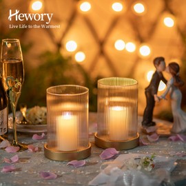 Hewory Ribbed Hurricane Candle Holder: Gold Votive Candle Holders Set of 2, Glass Hurricane with Metal Candle Plate, Pillar Candle Holder for Table Centerpiece Christmas Wedding Holiday Home Decor