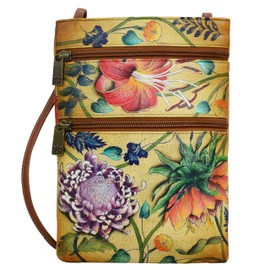 Anuschka Women's Leather Hand Painted Double Zip Travel Crossbody Bag Shoulder Bag Handbag, Caribbean Garden
