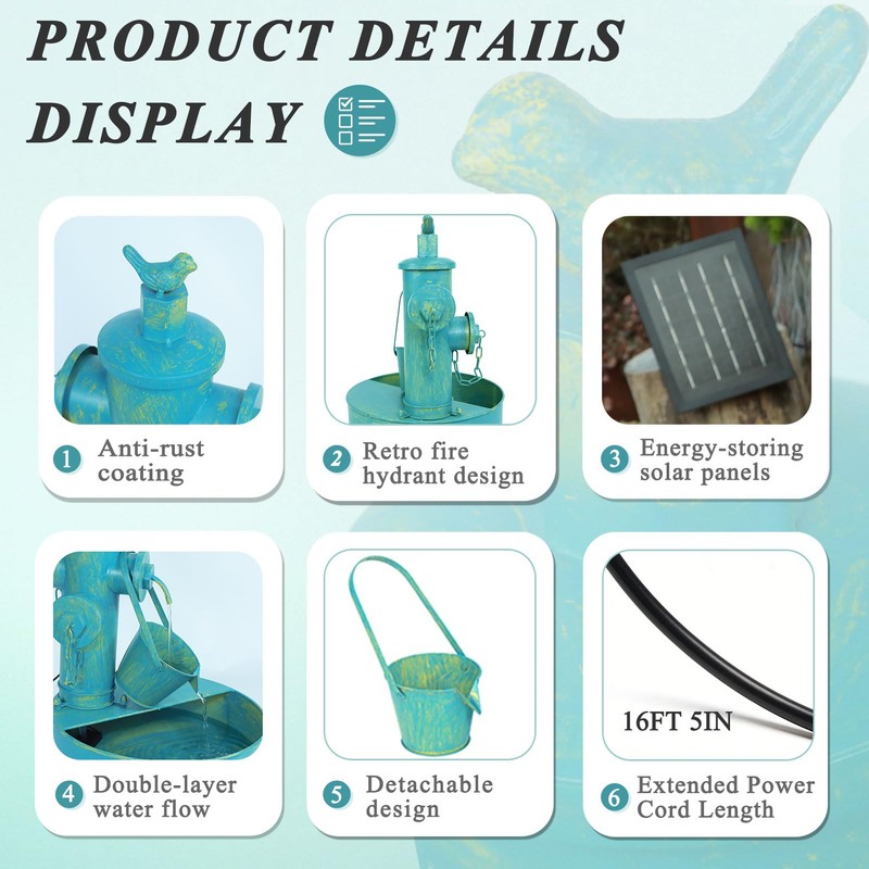 Metal Solar Bird Bath Fountain with Backup Battery, Solar Water