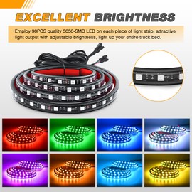 GOOACC RGB Truck Bed Light Strip 2PCS 60" 180 LEDs Neon Accent Lighting with RF Remote On/Off Switch Splitter Extension Cable for 12-Volt Car Cargo Pickup SUV RV Boat