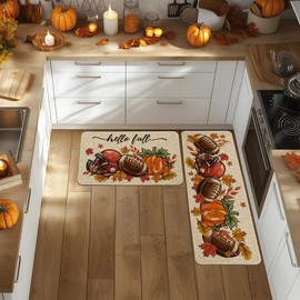 Artoid Mode Rugby Football Pumpkin Maple Leaves Fall Kitchen Mats Set of 2, Autumn Home Decor Low-Profile Kitchen Rugs for Floor - 17x29 and 17x47 Inch