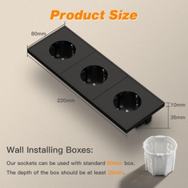 MVAVA Schuko Socket EU Standard, 3-Way Flush-Mounted Socket, 80 mm x 220 mm Sockets, Easy Installation, 3-Wire Required, Black