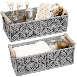 Macrame Storage Basket Boho Decor Baskets for Organizing Woven Decorative Countertop Toilet Paper Tank Top Home Bedroom Nursery Livingroom Entryway (Set of 2,Grey)