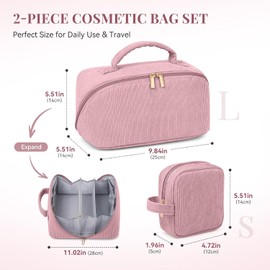 MAGEFY 2PCS Cosmetiquera para Maquillaje, Bolsa de Maquillaje de Pana con Asa, Juego de Tamaño Grande y Pequeño para Mujer, Estuche Expandible para Viajes y Organización (Rosa)