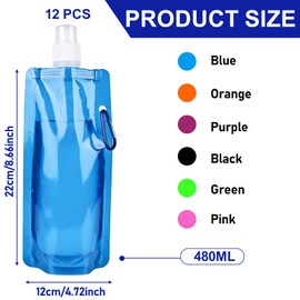 12 Stück Trinkflasche Faltbar 480ML, Flexible Wasserflasche Wiederverwendbare Tragbarer Zusammenklappbarer Wassersack, Faltbare Trinkflasche mit Karabiner, geeignet für Wandern,Abenteuer, Reisen