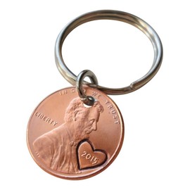 2015 Penny Keychain With Engraved Heart Around Year; 10 Year Anniversary Couples Keychain