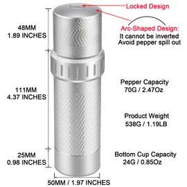Manual Pepper Grinder Mill with More Pepper Output, Professional Grade Pepper Mills with Top Button Lock Design and Coarseness Can Be Adjusted Externally
