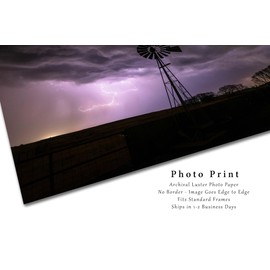 Storm Photography Print (Not Framed) Picture of Lightning and Old Windmill on Stormy Night in Oklahoma Thunderstorm Wall Art Moody Farmhouse Decor (40" x 60")