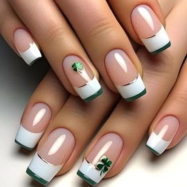 St. Patrick's Day Press on Nails Short Square Fake Nails with White Green Gold French Designs Nude Nails Press ons Glossy Glue on Nails Full Cover False Nails Spring Stick on Nails for Women 24Pcs