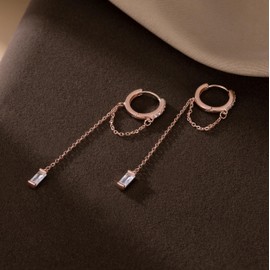Reffeer 925 Sterling Silver CZ Chain Hoop Earrings Dangle for Women Teens Dangle Earrings Chain Drop Earrings Huggie (C-Rose Gold)