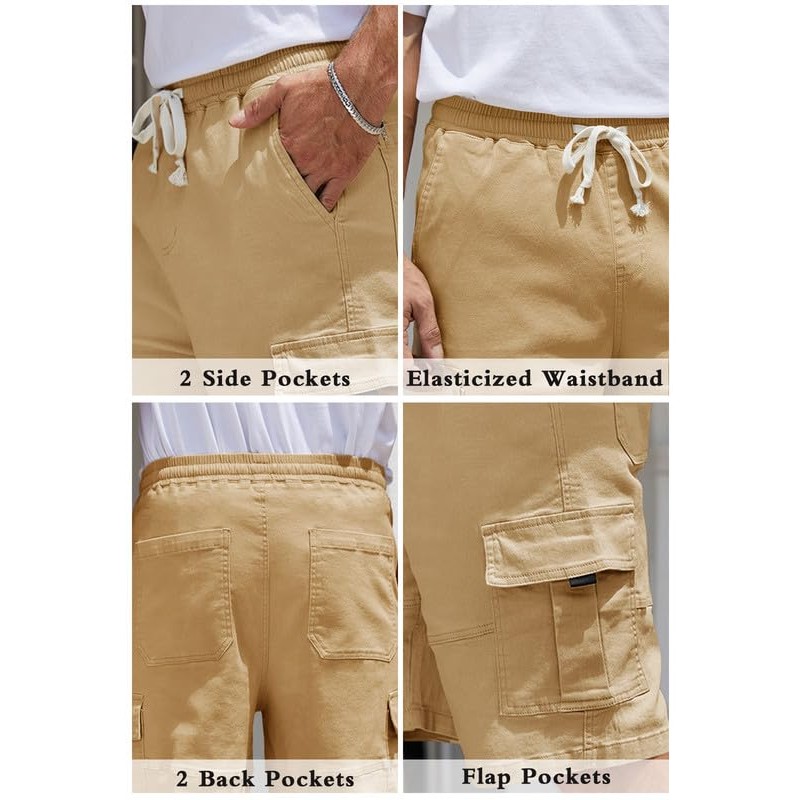 WICUSION Mens Twill Cargo Shorts Stretch Cotton Elastic Waist Multi-Pockets