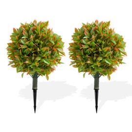 Artificial Boxwood Topiary Ball Trees Set of 2 with Ground Spike, 23.6 inch Height UV Resistant Fake Evergreen Shrubs Bushes Plants, Autumn Faux Greenery Plants for Outdoor Front Porch Garden