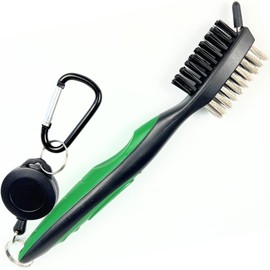 Golf Club Brush with Groove Cleaner & Retractable Zip-line – 2-Sided Golf Cleaning Brush Tool for Clubs, Irons & Groove Care – Nylon & Wire Bristles – Green, Perfect Golf Bag Accessory