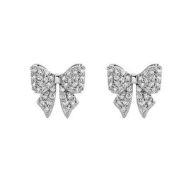 Dainty Crystal Bow S925 Sterling Silver Stud Earrings for Women Gold/Silver Plated Chic Sparkly CZ Cubic Zirconia Bowknot Small Studs Wedding Party Prom Costume Hypoallergenic Fashion Jewelry (Silver)