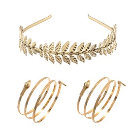 Miaija 3Pieces Greek Costume Accessory Set Fashion Gold Leaf Headband and Snake Spiral Vintage Bracelet for Show Party Supplies Dancing Party