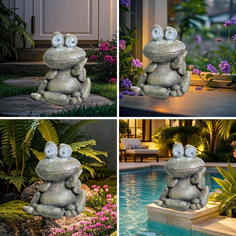 Solar Frog Statue Resin Stone Art Statue Outdoor Yard Garden