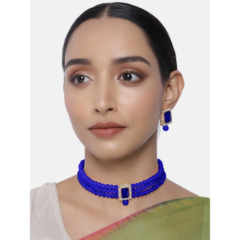 Aheli - Gargantilla con cuentas de cristal tradicional indio azul
