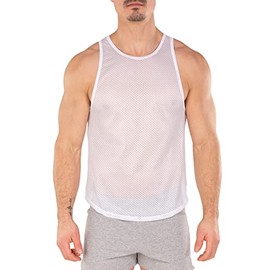 Gary Majdell Sport Men's Breathable Athletic See-Through Smooth Mesh Tank Top (White with White Hem, Small)