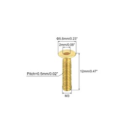 sourcing map Flat Head Screws M3 0.5 x 12 mm Brass Hex Drive Pack of 24