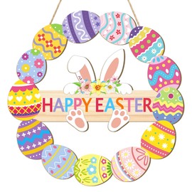 Wooden Easter Decoration Door Wreath for Front Door Sign Wall Signs Rabbit Spring Decoration, Hollow Bunny Sign Flower Egg Welcome Hanging for Home Wall Decor Party Outdoor indoor Supply Happy Easter