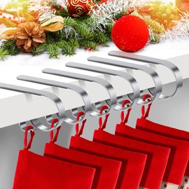 Christmas Stocking Holders for Mantle Set of 6, Non-Slip Adjustable Mantle Stocking Holders, Mantle Fireplace Stocking Hooks, Fireplace Stocking Hangers Set for Party Christmas Decorations, Sliver