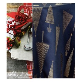 Newbridge Navy Blue and Gold Fancy Metallic Christmas Trees Fabric Holiday Tablecloth, Xmas Tree Contemporary Soil Resistant Easy Care Tablecloth, 52” x 52" Square, Navy/Gold