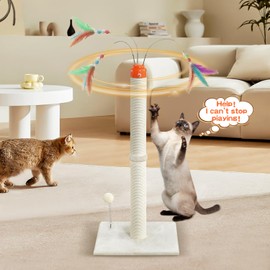 YARUOMY Cat Scratching Post ，33.4" Sisal Rope Cat Scratcher Tall Scratching Post for Indoor Cats with Interactive Cat Toys Automatic Teaser Wand and Rotating Hanging Balls