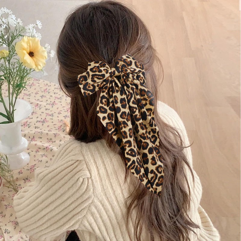 Mabor 2Pcs Leopard Print Hair Bow Clips with Long Tail