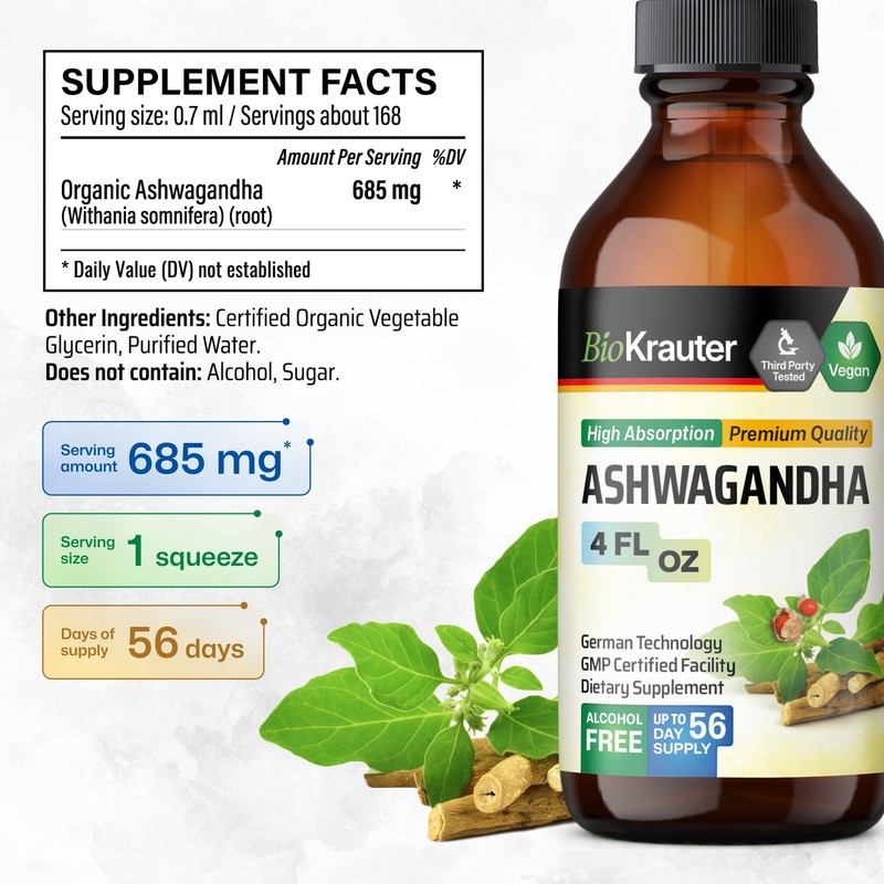 BIO KRAUTER® Ashwagandha Supplements - Liquid Drops Pure Vegan Ashwagandha