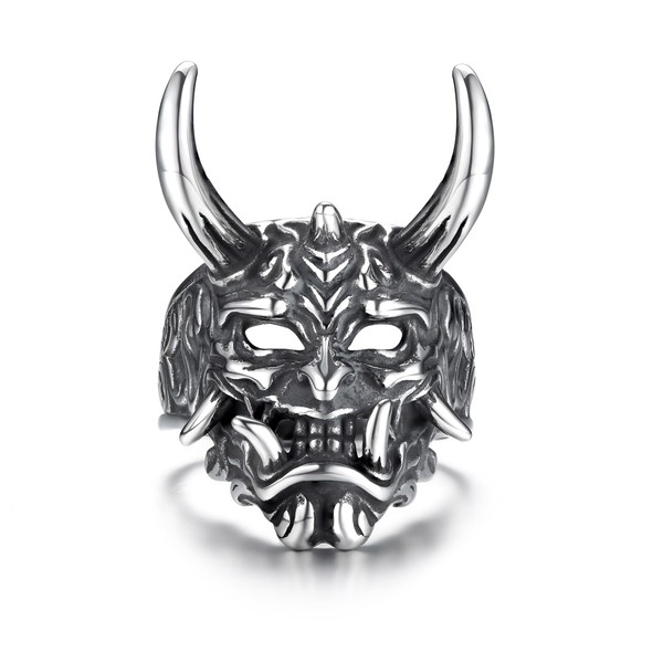 GTHIC Men's Stainless Steel Japanese Oni Mask Skull Rings Vintage Hannya Half Mask Jewelry US Size 7-13, Non-precious metal