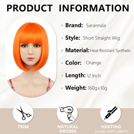 Orange Bob Wig Straight with Flat Bangs Short Hair Wig 12" Synthetic Fiber Include Wig Cap for Women Daily Use Party Cosplay Colorful Wig