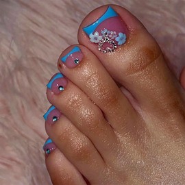 Blue French Tip Toe Nail Press ons Flower Fake Toe Nails with 3D Floral Rhinestones Designs 24 Pcs Glue on Toe Nails Natural Reusable Acrylic Stick on Toenails for Women WYFHDT Press on Toe Nails
