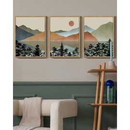 KUVIOKE Landscape Mountain Wall Art Set Lake Sunrise Pine Tree Forest Nature Scenry Wilderness Farmhouse Rustic Modern Art Decorative for Living Room Bedroom 11x 14in (Natural Framed)