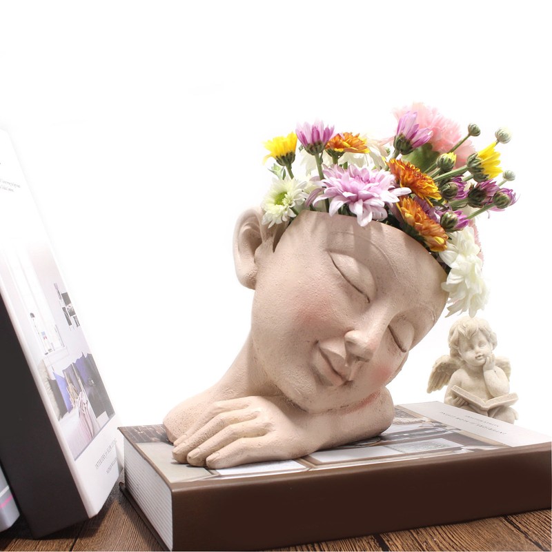 Face Flower Pot Sleeping Girl High Density Resin Drainage Hole