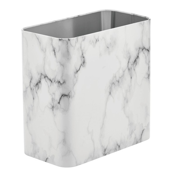 mDesign Rectangular Trash Can - Compact Waste Bin for Bathroom, Office and Kitchen with Enough Space for Rubbish - Metal Waste Paper Bin - Marble