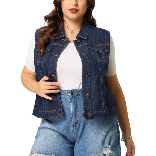 uxcell Women's Plus Size Buttons Denim Vest with Two Chest