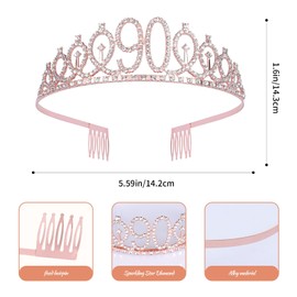 JasperKino 90th Birthday Sash and Tiara Set Rose Gold Birthday Sash Crown Birthday Party Favors Supplies for Girls Birthday Party