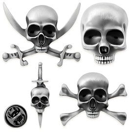 Cotsinyer vintage horror style skull brooch set - 4pc silver and black lapel pins for men and women, pin-back style, packaged in black velvet pouch and white gift box