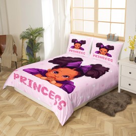 Manfei Princess Girls Duvet Cover Set Single Size, African American Black Girl Bedding Set for Kids Bedroom Decor, Cartoon Pink Crown Stars Comforter Cover, Soft Polyester Quilt Cover, 1 Pillowcase