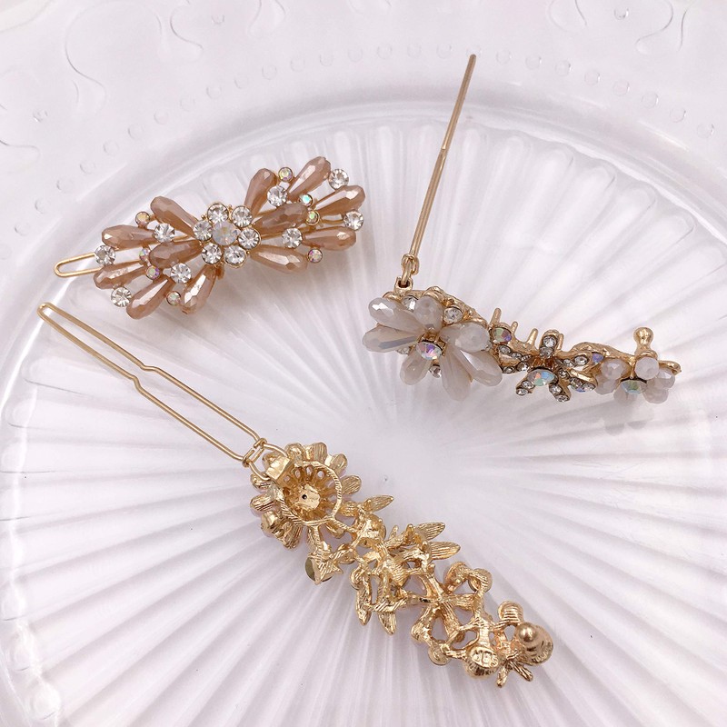 3PCS Rhinestone Bling Flower Small Mini Barrette Decorative Hair Clips