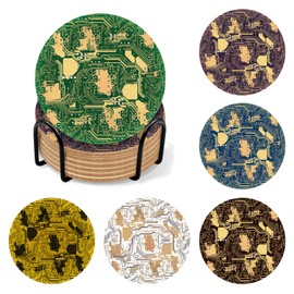 Arosedmo Circuit Board Coasters for Drinks with Coaster Holder Set of 6, PCB Design Coasters for Men Coffee Table, PCB Mat Decor Funny Cork Coaster for Boyfriend Engineer Nerd Gamer Bar Office Dad